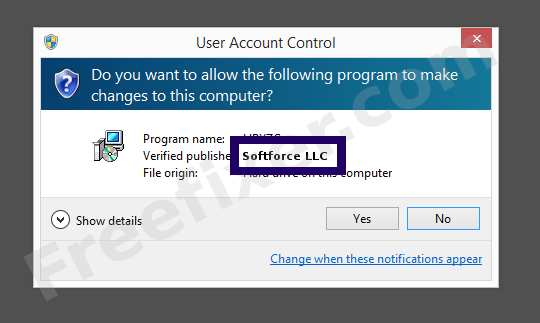 Screenshot where Softforce LLC appears as the verified publisher in the UAC dialog